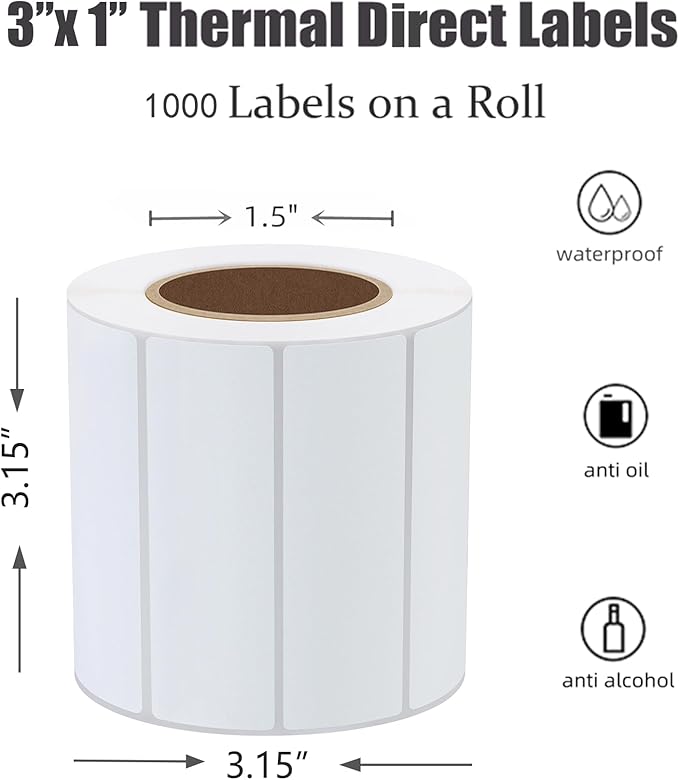 Hybsk 3x1 inch Direct Thermal Labels for Barcodes, Address, Compatible with Rollo Label Printer & Zebra Desktop Printers (3"x1",White)