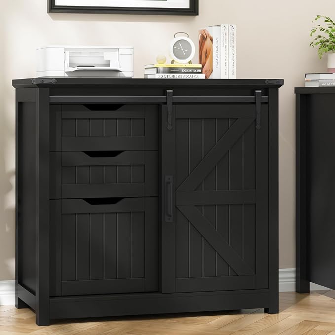 Halitaa Lateral Filing Cabinets with Adjustable Shelf, Black | Farmhouse File Cabinet with Lock for Home Office, Filing Storage Cabinets with Sliding Barn Door for Hanging Files Letter/A4