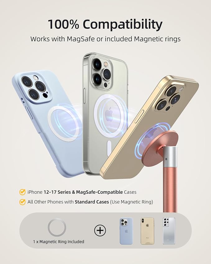 Nulaxy Magnetic Full Aluminum Cell Phone Stand with 360 Rotating, Pink | Stable Base, Includes Metal Ring, Works with Thick Cases, Hands-Free, Office Accessories, Compatible with All Phones