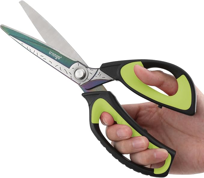 LIVINGO 10" Heavy Duty Multipurpose Shears for Shop & Garden (Green/Black) | Forged Stainless Steel With Titanium Coating Cuts Fabric, Cardboard, Pruning Branches, Household Materials, Rust-resistant