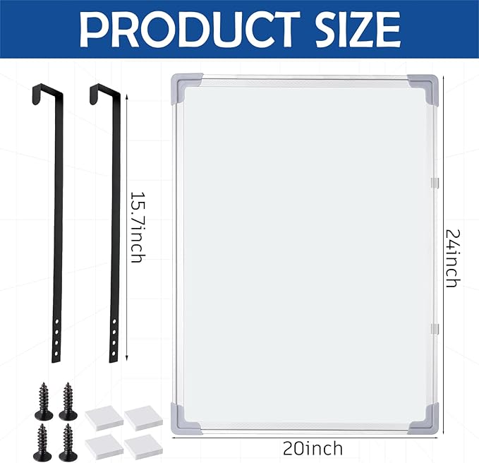 24 x 20 Inch Over the Door Whiteboard Hanging Dry Erase Board for Door 4 Adjustable Heights Aluminum Frame Small White Board for Dorm Home Office Cubicle Wall, Horizontal Vertical Installation