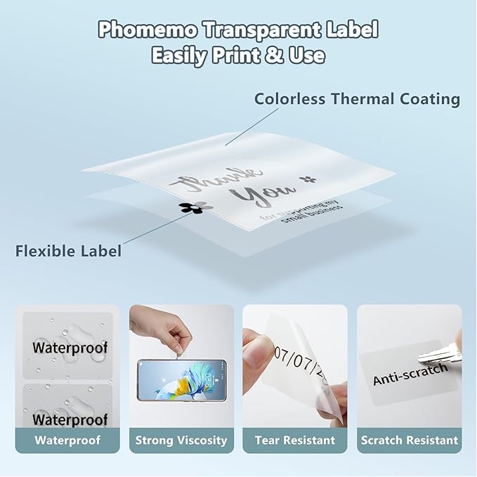 Phomemo Transparent Thermal Label Paper, 1.57"x1.18" (40x30mm), 230 Labels/Roll, Round, Multi-Purpose, Clear
