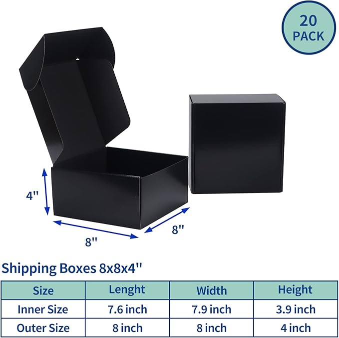 Rempry 8x8x4 Black Shipping Boxes for Small Business Pack of 20, Cardboard Corrugated Mailer Boxes Gift Boxes for Shipping Packaging