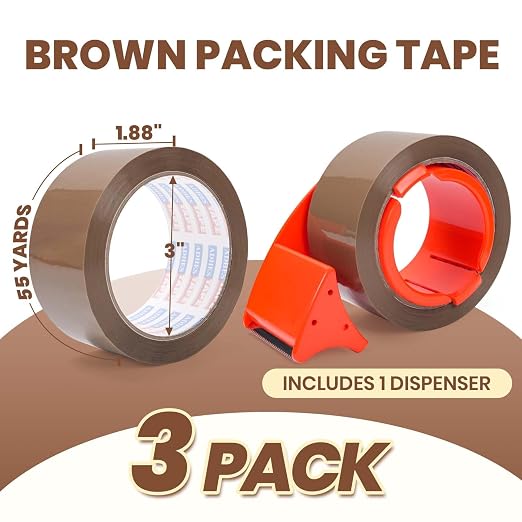 ADHES Brown Packing Tape with Dispenser, 1.88in x 55yds x 2.6mil | Heavy Duty Shipping Tape for Boxes, Strong Adhesive Box Sealing Tape, 3 Rolls