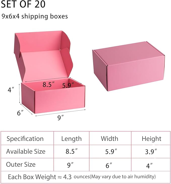Small Shipping Boxes 9x6x4 Inches – Pink Corrugated Cardboard Boxes (20-Pack) for Mailing, Packing, Small Business & Gift Packaging - Recyclable & Sturdy