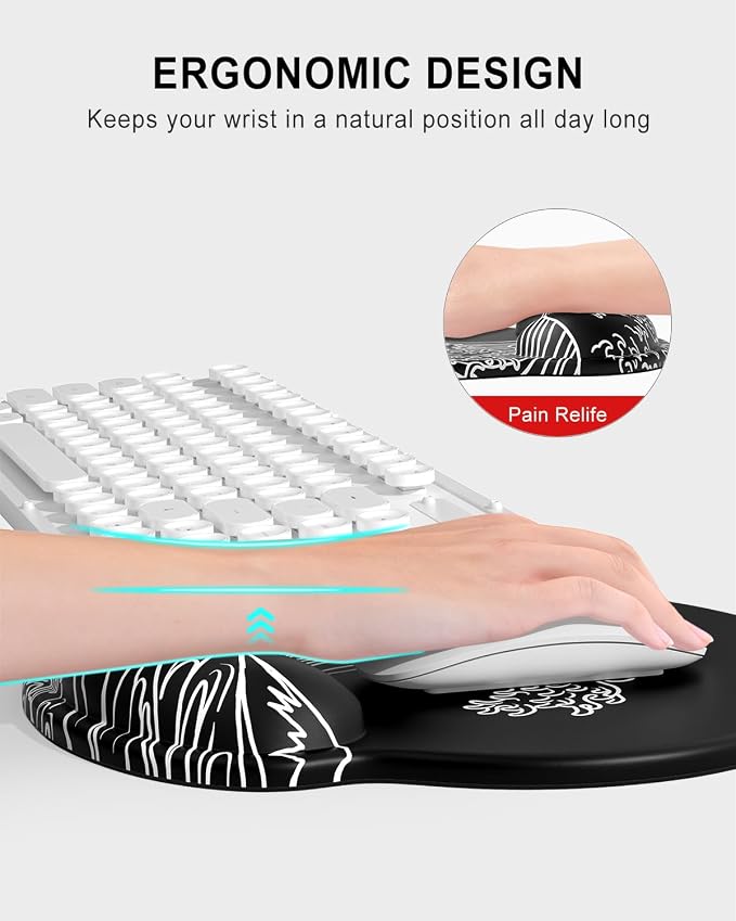Auhoahsil Ergonomic Mouse Pad with Wrist Rest, Comfortable Silicone Non-Slip Computer Pain Relief Gel Mouse Mat with Wrist Support for Gaming, Work, Office, Women & Men, Cute Pattern, Japanese Wave