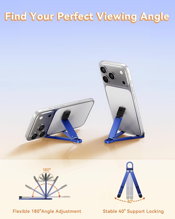 Portable Phone Stand, Foldable EDC Keychain Phone Holder with Snap Hook, Mini Aluminum Travel Cell Phone Stand for iPhone and Smartphones Under 8 Inches(Pink)