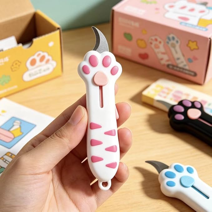 Cat Paw Box Cutter 3-Piece Set, Retractable Cat Claw Knife with Cute Paw Handle, Portable Utility Box Opener for Home Office Package Carton & Tape Cutting