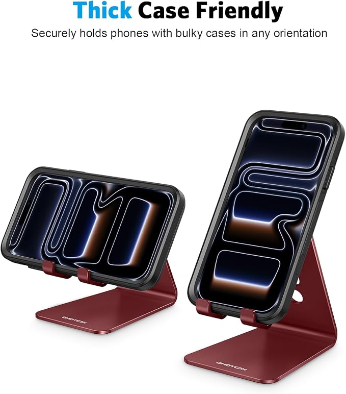 OMOTON C2 Adjustable Cell Phone Stand with Charging Cutout, Cherry Red | Sturdy 3mm Aluminum, Charging Port, 270° Adjustable, Non-Slip Silicone Pads, Works with Thick Cases, for All Smartphones