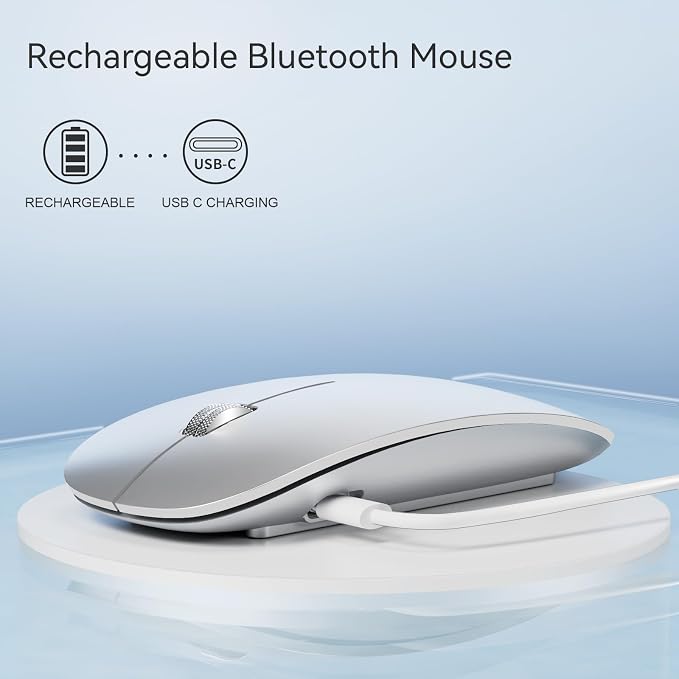 TENMOS M18 Bluetooth Mouse, USB C Rechargeable Wireless Mouse,Silent-Silver | Tri-Mode BT5.1/5.0+2.4G, Quiet Click, Portable, Battery Level Visible, USB Receiver,Type C Adapter, for Laptop/Macbook/iPad