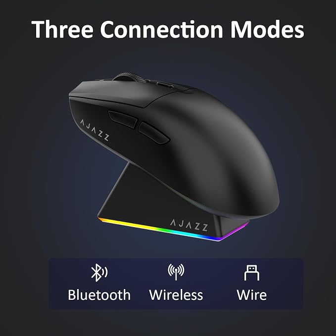 AJAZZ AJ139 V2 MC Wireless Gaming Mouse with RGB Charging Dock, 66g Ultra-Lightweight Tri-Mode Optical Mouse, 12000 DPI PAW3311 Sensor, Ergonomic Rechargeable Gaming Mouse for PC/Mac - Black