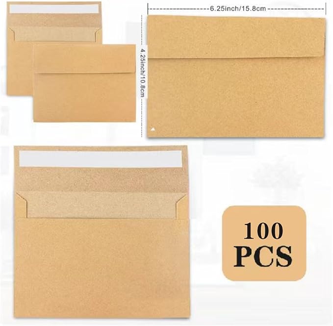 100Packs A4 Kraft Envelopes 4x 6Inch Card Envelopes,Self Seal for Weddings, Greeting Cards，Mailing， Invitations, Photos, Postcards