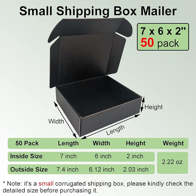 50 Pack 7x6x2'' Small Shipping Boxes, Black Corrugated Cardboard Mailers for Mailing Packaging Business (BK762-50)