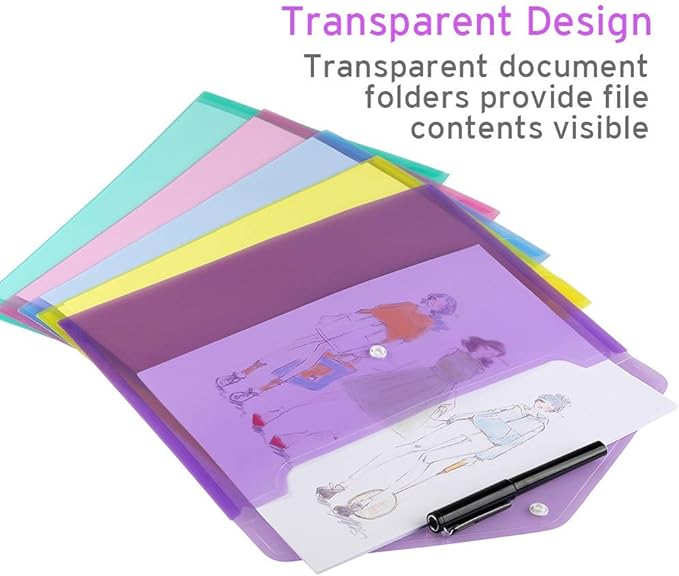Sooez 28 Pack Folders Plastic Envelopes, Clear Plastic File Folder for Document, Letter A4 Size Poly File Envelopes with Label Pocket, Snap Button for Home Work Office Organizer, 9 Assorted Colors