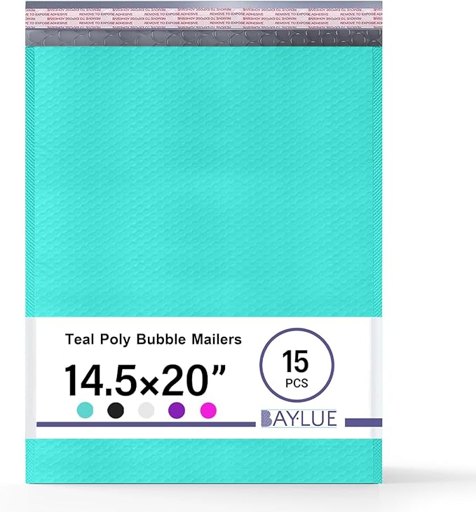 Teal Poly Bubble Mailers 14.50x20 Inch #7 | Self Seal Large Padded Envelopes | Air Cushioned Bubble Mailer | Usable Size 14.25x19 Inch | Waterproof Lightweight Mailing Shipping Bags | 15 Pack