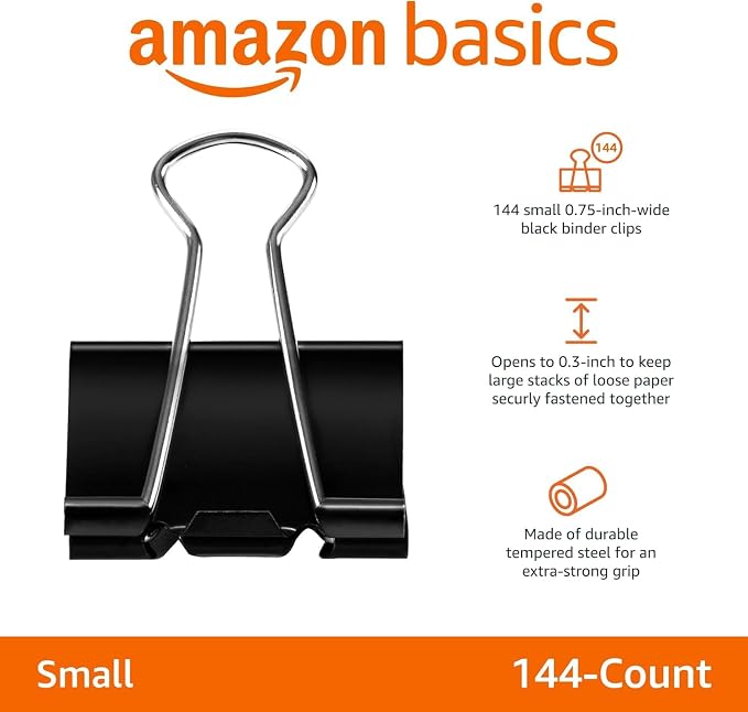Amazon Basics Sturdy Binder Clips, Office Supplies, Small 0.75 in, Document Organizing, School Supplies, Black, 144 Count (Pack of 12)