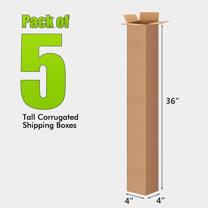5 Pack 4x4x36 Inch Tall Corrugated Cardboard Boxes, 4"L x 4"W x 36"H Shipping Boxes - Shipping, Moving, Packaging, Mailing, Storage Box for Home or Business