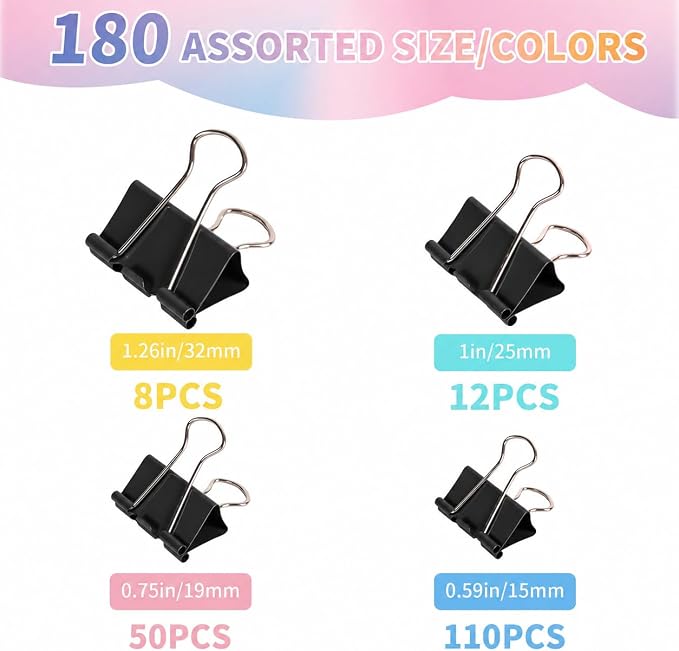 180Pcs Colorful Binder Clips Assorted Size, Metal Paper Clips for Daily Use | Clips Office Supplies for Documents, Files, School Supplies, Home and Desk Organization