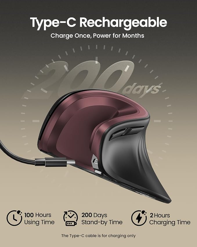 ProtoArc EM11 NL Wireless Ergonomic Vertical Mouse, Rechargeable, Wine Red | 58° vertical design supports a natural wrist posture, connect 3 devices via Bluetooth/2.4G USB-A, 500mAh USB-C rechargeable.