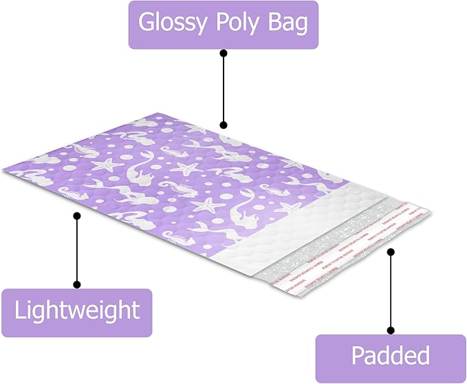Pro Supply Global Purple Mermaids Self-Seal Bubble Mailers Padded - 6"x9" (20 Pieces) - A Colorful Shipping Envelopes Bags for Small Items Packaging, Mailing, Gifts, Documents, Crafts and Accessories.