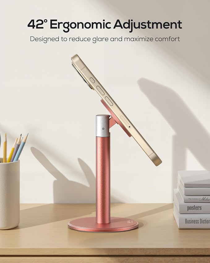 Nulaxy Magnetic Full Aluminum Cell Phone Stand with 360 Rotating, Pink | Stable Base, Includes Metal Ring, Works with Thick Cases, Hands-Free, Office Accessories, Compatible with All Phones