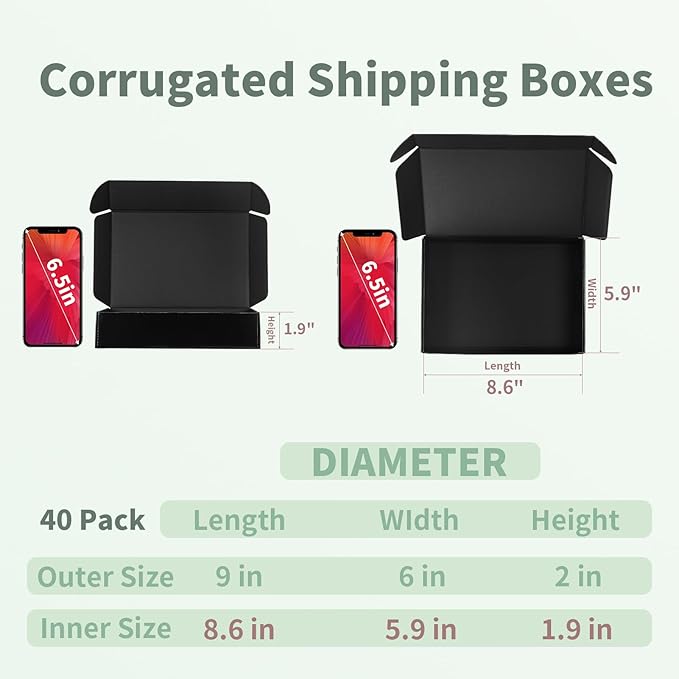 Rempry 40 Pack 9x6x2 Inches Black Shipping Boxes, Cardboard Corrugated Mailer Boxes for Packaging Small Business, Small Gift Boxes for Mailing Present