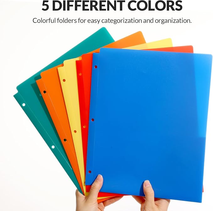 GNL Plastic Folders with Pockets 3 Hole Punched, Pack of 5, 2 Pocket Folders for 3 Ring Binder，Colored Heavy Duty Binder Folder for School, Home and Office