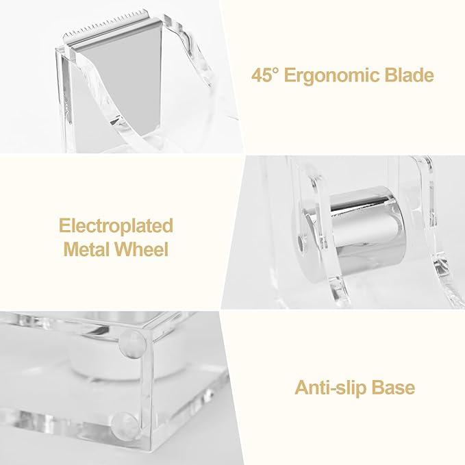 2-Piece Acrylic Office Tape Dispenser, Transparent Tape Dispenser Kit with Non-Slip Rubber Bace, 1 Inch Core Morden Accessory for Stylish Desk at Home, School, Office-Silver