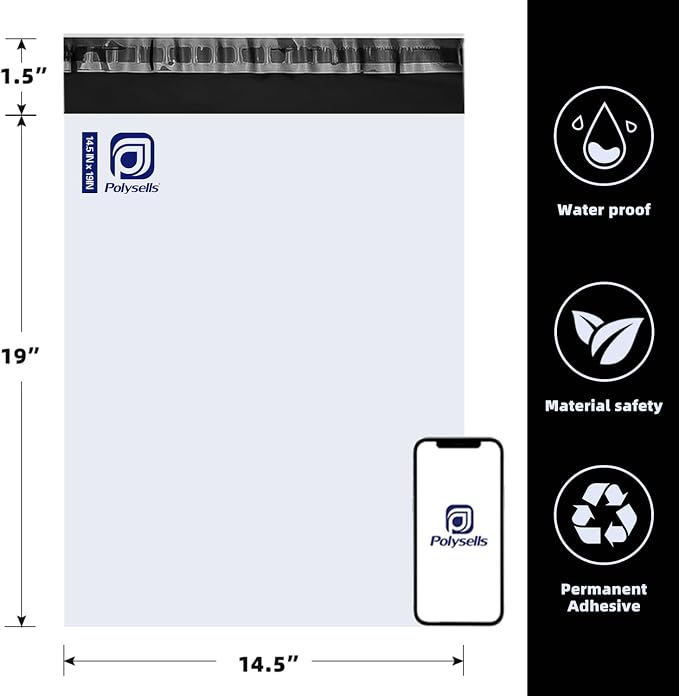 POLYSELLS 50 pcs 14.5x19 Inches White Poly Mailers Shipping Envelopes, Strong Adhesive Sealing, Waterproof, and Tear-resistant Postal Mailing Bags for Clothing and Accessories