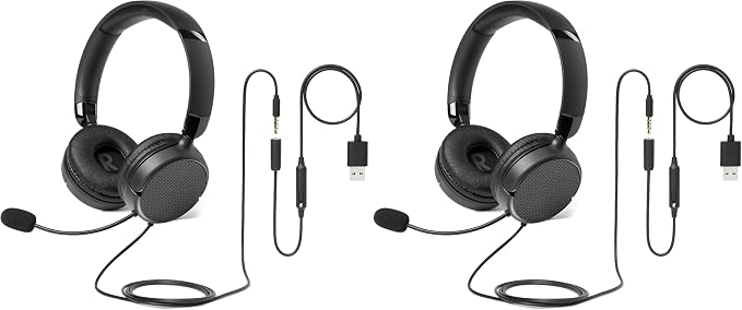Amazon Basics On Ear Wired Computer Headset with Adjustable Microphone, 3.5mm Port or in-Line Control with USB-A Port, Foldable, Clear Sound, Small/Medium Size, Black (Pack of 2)