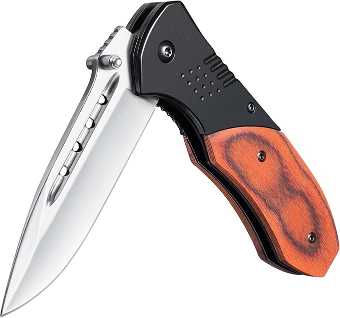 Pocket Knife for Men - Sharp Blade Wood Handle Pocket Folding Knives with Clip, Glass Breaker - EDC Knives for Survival Camping Fishing Hiking Women, Large, Black-Silver