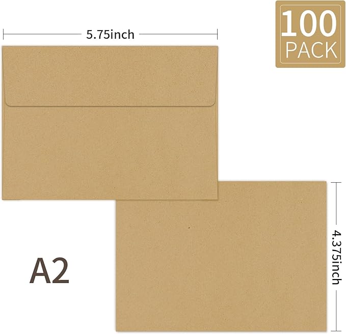 A2 Envelopes Brown 100 Pack 4.375x5.75 Invitation Envelopes Self Seal for Wedding Birthday Party Baby Shower Thank You Notes, Greeting Cards (kraft)