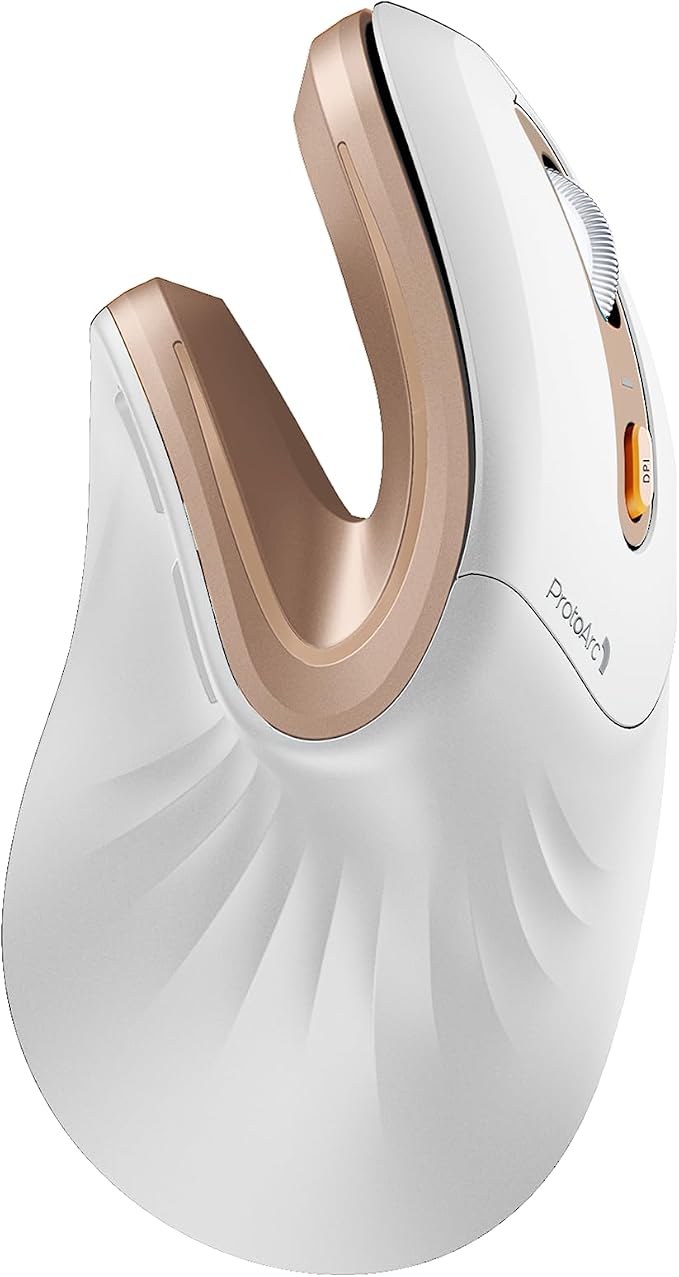 ProtoArc EM11 NL Wireless Ergonomic Mouse, Rechargeable, White Gold | 58° vertical design supports a natural wrist posture, connect 3 devices via Bluetooth/2.4G USB-A, 500mAh USB-C rechargeable.