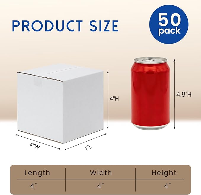 4x4x4" Shipping Boxes 50 Pack - Small Corrugated Cardboard Square Mug Mailing Box Packaging for Small Business - White Mailer Packing Supplies