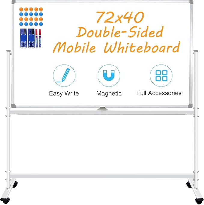 Double-Sided Rolling Whiteboard on Wheels 72"x40", Large Magnetic Mobile Whiteboard with Stands, 6' x 3' Portable Dry Erase Board with Stand Up White Board with 2 Eraser, 6 Markers, 20 Magnets