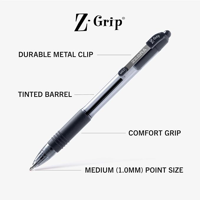 Zebra Pen Z-Grip Retractable Ballpoint Pen, Black Ink, 1.0mm, 24 Bulk-Pack | Smooth Writing, Medium Point Tip, Ideal for Planners, Note-Taking, School and Office Supplies, and Everyday Writing (12221)
