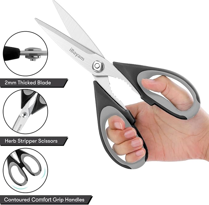iBayam 8.5" Kitchen Scissors with Sheath, Black Cooking Scissors | All Purpose Shears, Kitchen Gadgets Utensils Set for Home, Seafood Tools