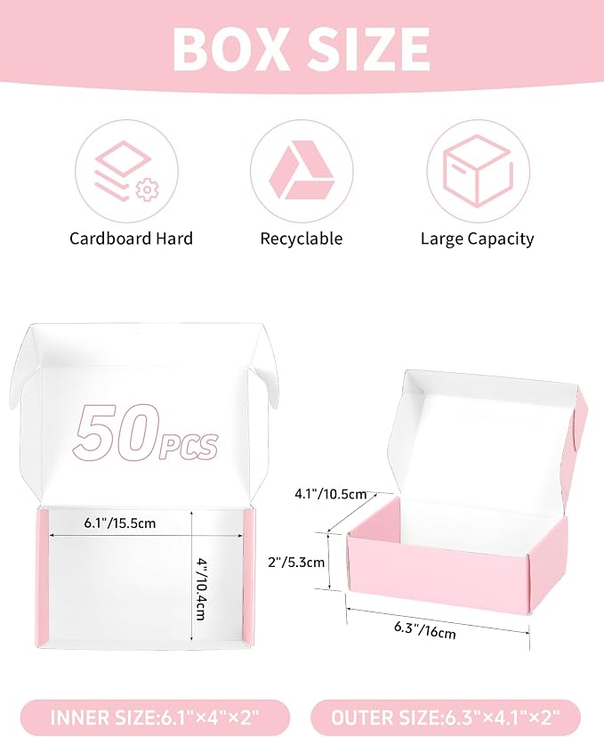 Small Shipping Boxes 6x4x2 Inch 50 Pack, Light Pink Mailer Packaging Boxes, Corrugated Cardboard Boxes for Small Business Gift Literature Shipping