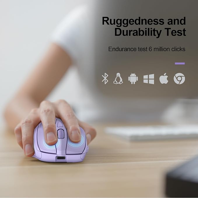 TECKNET Wireless Mouse, BT 5.0/2.4G, Rechargeable 6-DPI Silent, Lavender | Bluetooth 5.0/3.0 & USB A, 2-Device Easy Switch, Wide OS Compatible, 6 Buttons, 6-DPI up to 4800, Ergonomic for S to M Hands