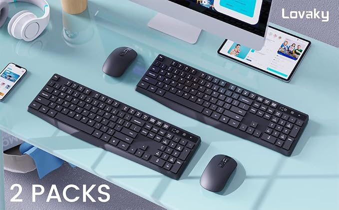 2.4G Wireless Keyboard Mouse Combo Full-Sized for Computer(2 Pack, Black) | Ergonomic, Low profile Keys, 3 DPI Adjustable, 2.4G Quiet Click Keyboaed Set for Laptop/Windows/Mac Lovaky