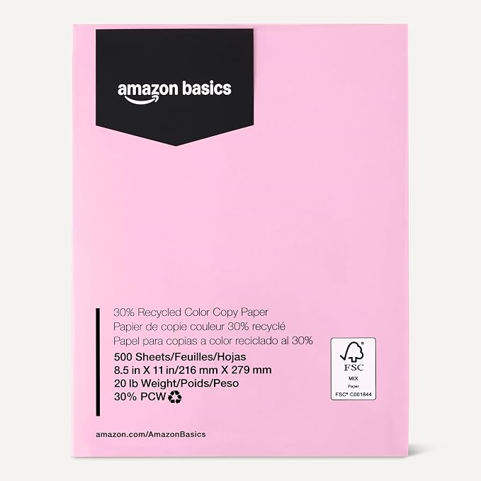 Amazon Basics 30% Recycled Color Copy Paper, 8.5" x 11", 20lb, Pastel Pink, 500 Sheets (Pack of 2)