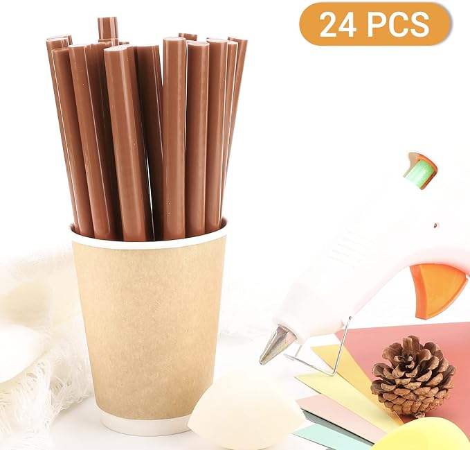 Brown Hot Glue Stick, 24 PCS 0.43" Dia x 8" Long Fbric Glue Sticks for Craft, Adhesive Hot Melt Gluing Sticks for Crafting, Woodworking, Decoration, Bonding Repair, Wax Sealing