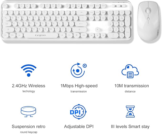 White Wireless Keyboard and Mouse Combo,Bubble Round Keys,Typewriter Style | Cute Aesthetic Minimalist Keyboard,Creamy Clicky Sound,2.4GHz Full-Size with Number Pad,for Long Nails PC Laptop Desktop