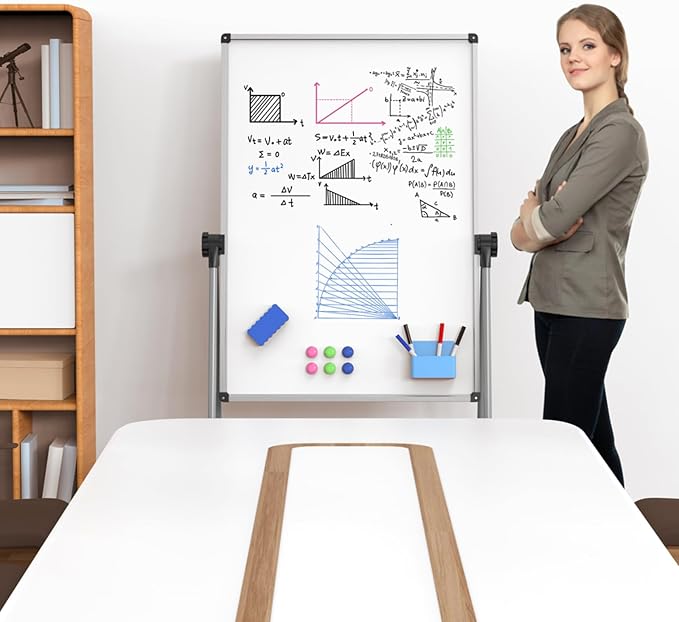 40x28 Whiteboard Easel, Height Adjustable Magnetic Dry Erase Board | Double Sided Magnetic Surface, 40-71 in Height, 360° Rotation, Foldable Aluminum Frame for Home, Office, School and Meetings