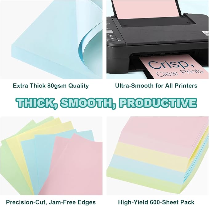 600 Sheets Colored Copy Paper 8.5" x 11", Colored Printer Paper 80GSM Thick | 4 Assorted Letter Size Colored Paper for Printing, DIY Project, School & Office, Pink,Blue,Yellow,Green, 150 Sheets Per Color