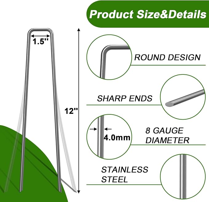 Landscape Staples 12 Inch 8 Gauge Anti-Rust Galvanized Fence Stakes | Landscape Pins Heavy Duty for Secure Lawn Fabric, Weed Barrier Fabric, Ground Cover, Dripper Irrigation Tubing Soaker Hose