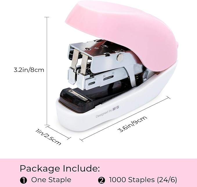 M&G Mini Stapler with Staples, Small Pink Effortless Stapler Set, 20 Sheet Capacity, One Finger, 1000 Standard Staples, Office staplers for Desk, Easy to Load