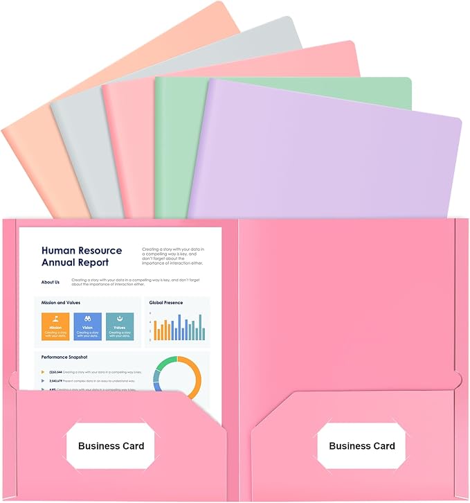 5 Pack Folders with Pockets, 5 Pastel Sweet Colors Paper Pocket Folders | Heavy Duty File Folders, with Business Card Slot, 2 Pocket Folder, for School Office, Letter Size