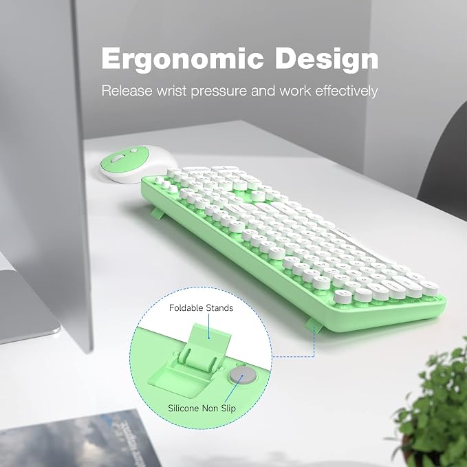 MOFII Wireless Keyboard and Mouse Combo, 2.4GHz Full Size Typewriter Keyboard Round Keys, USB Receiver for Laptop, PC, Desktop, Windows (Green White)