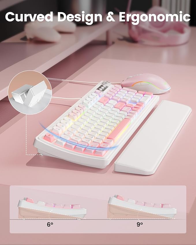 SABLUTE Gaming Keyboard and Mouse, Quiet Membrane with RGB Backlit - Pink | PC Gaming Keyboard with Multimedia Knob, Anti-Ghosting, Ergonomic Wrist Rest & 3200 DPI Mouse for Gamer/Office